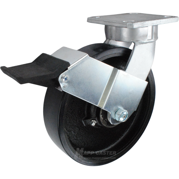 8" x 2" Polyurethane on Iron Wheel Kingpinless Swivel Caster with Face Contact Brake - 1,500 Lbs Capacity Part # P5108201601FCB
