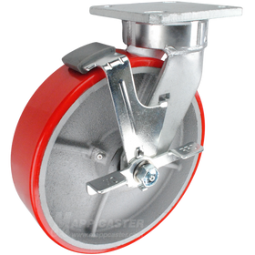 8" x 2" Red Poly on Iron Wheel Kingpinless Swivel Brake Caster - 1,400 Lbs Capacity Part # P51082PURBTLB