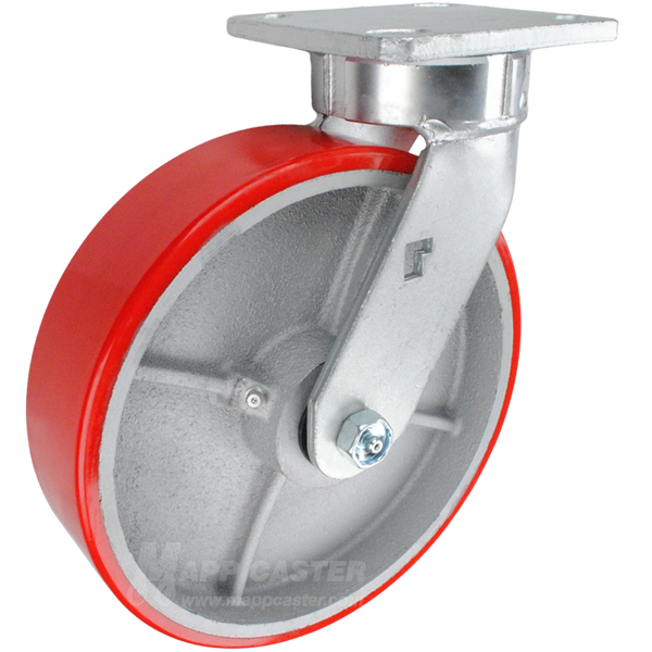 8" x 2" Red Poly on Iron Wheel Kingpinless Swivel Caster - 1,400 Lbs Capacity Heavy Duty