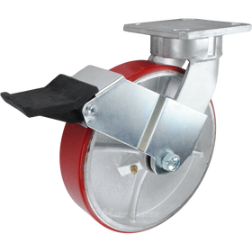 8" x 2" Red Poly on Iron Wheel Kingpinless Swivel Caster with Face Contact Brake - 1,400 Lbs Capacity Part # P51082PURBFCB