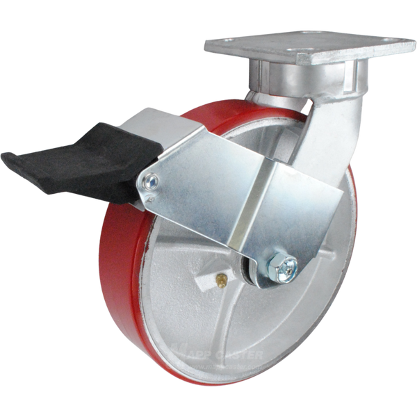 8" x 2" Red Poly on Iron Wheel Kingpinless Swivel Caster with Face Contact Brake - 1,400 Lbs Capacity Part # P51082PURBFCB