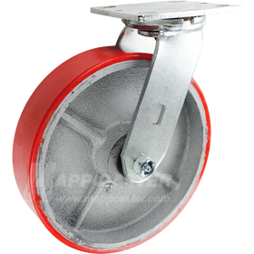 8" x 2" Red Poly on Iron Wheel Swivel Brake Caster - 1,250 Lbs Capacity front view 146PURB820S