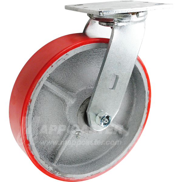 8" x 2" Red Poly on Iron Wheel Swivel Brake Caster - 1,250 Lbs Capacity front view 146PURB820S