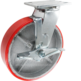 8" x 2" Red Poly on Iron Wheel Swivel Brake Caster - Part #: 146PURB820SB 