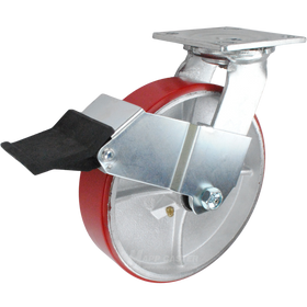 8" x 2" Red Poly on Iron Wheel Swivel Caster with Face Contact Brake - 1,250 Lbs Capacity Part # 146PURB820SFCB