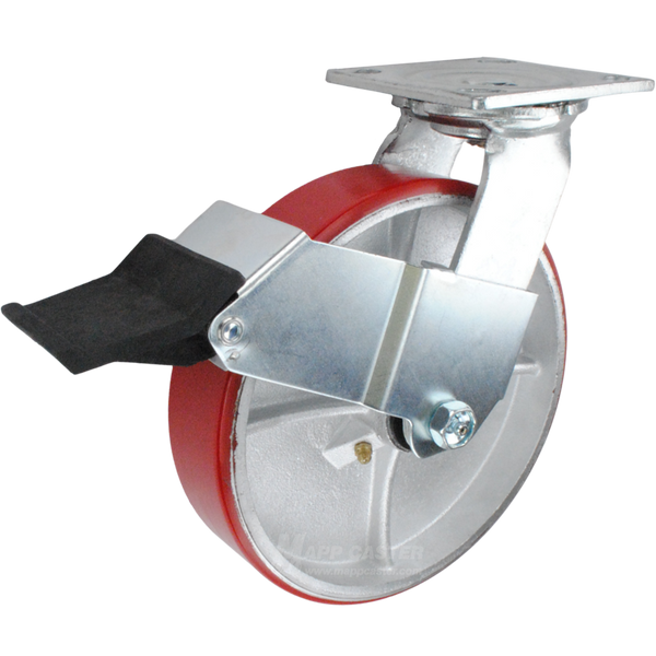 8" x 2" Red Poly on Iron Wheel Swivel Caster with Face Contact Brake - 1,250 Lbs Capacity Part # 146PURB820SFCB