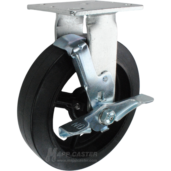 8" x 2" Rubber on Iron Wheel Rigid Brake Caster - 600 Lbs Capacity Part # 146RIRB820RB