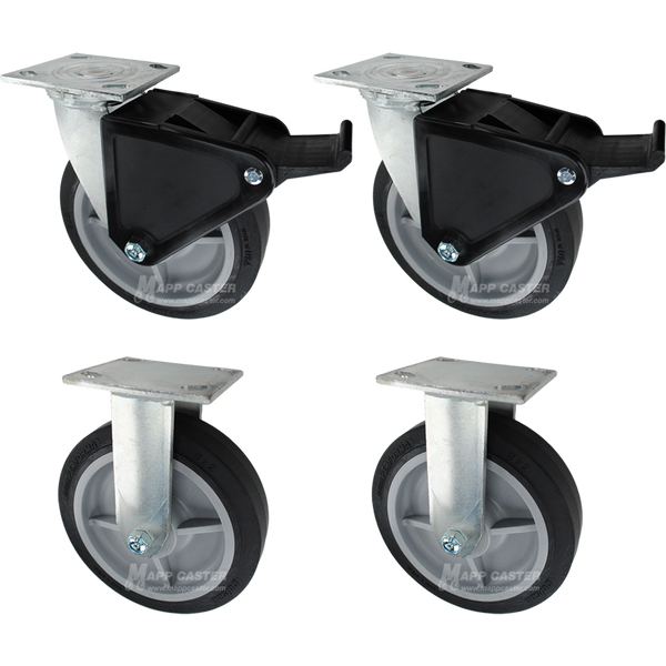 A set of 4 Cruise Ship Terminal Luggage Platform Truck casters, 2 rigid and 2 swivel face contact brake, with black thermoplastic rubber wheels
