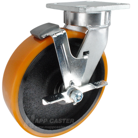 8" x 2" Titan Polyurethane on Iron Wheel Kingpinless Swivel Brake Caster - 2,000 Lbs Capacity Part # P51082PXBBTLB
