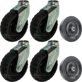 Black non-marking thermoplastic rubber casters & 4"load wheels meant to handle all terrains & assist with unloading patients from the ambulance. 
