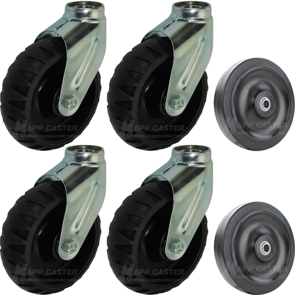 Black non-marking thermoplastic rubber casters & 4"load wheels meant to handle all terrains & assist with unloading patients from the ambulance. 