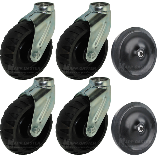 Black non-marking thermoplastic rubber casters & 5"load wheels meant to handle all terrains & assist with unloading patients from the ambulance. 