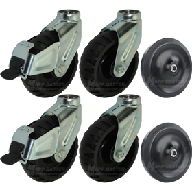Stryker stretcher compatible casters & wheels with black non-marking thermoplastic rubber caster wheels equipped with a brake. Made to withstand water, blood & cleaning solutions/chemicals. 5 Inch Load wheels