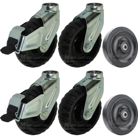 Stryker stretcher compatible casters & wheels with black non-marking thermoplastic rubber caster wheels equipped with a brake. Made to withstand water, blood & cleaning solutions/chemicals. 4 Inch Load wheels