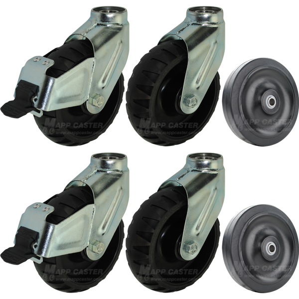 Stryker stretcher compatible casters & wheels with black non-marking thermoplastic rubber caster wheels equipped with a brake. Made to withstand water, blood & cleaning solutions/chemicals. 4 Inch Load wheels