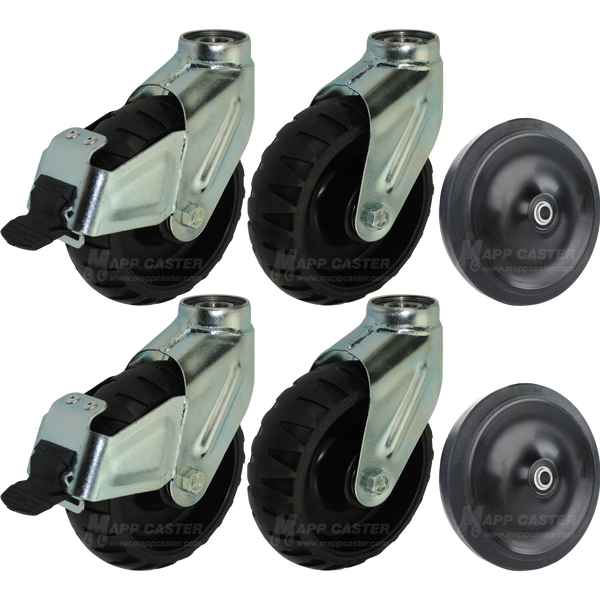 Stryker stretcher compatible casters & wheels with black non-marking thermoplastic rubber caster wheels equipped with a brake. Made to withstand water, blood & cleaning solutions/chemicals. 5 Inch Load wheels