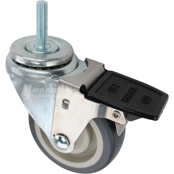 Swivel caster with a face contact brake, a 3.5 inch grey polyurethane wheel and 10mm wide threaded metal stem