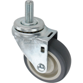 Swivel caster with a 3.5 inch grey polyurethane wheel and 16mm wide threaded metal stem