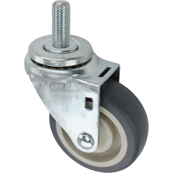 Swivel caster with a 3.5 inch grey polyurethane wheel and 16mm wide threaded metal stem