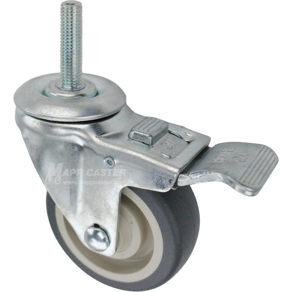 Caster wheel with a total lock brake, a 3.5 inch grey polyurethane wheel and 12mm metal threaded stem
