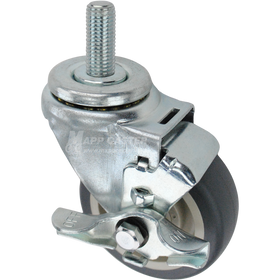 Swivel caster with a top lock brake, a 3.5 inch grey polyurethane wheel and 16mm wide threaded metal stem