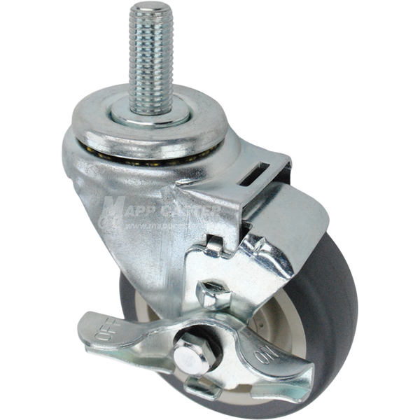 Swivel caster with a top lock brake, a 3.5 inch grey polyurethane wheel and 16mm wide threaded metal stem