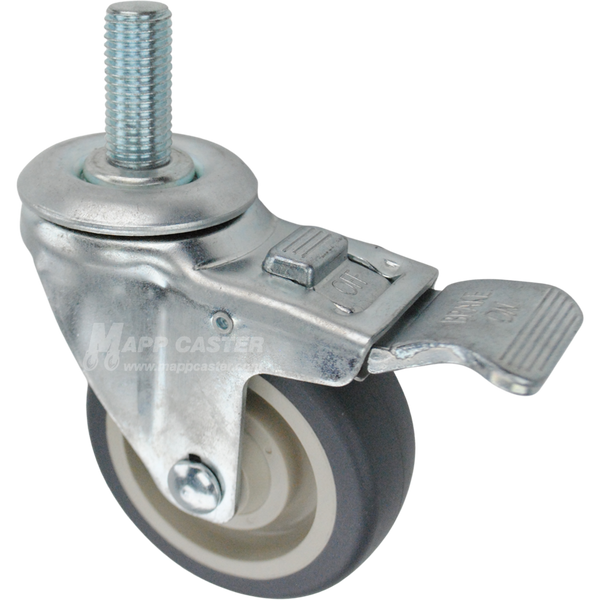 Caster wheel with a total lock brake, a 3.5 inch grey polyurethane wheel and 20mm metal threaded stem