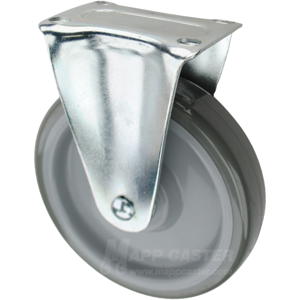 Grey polyurethane on light grey polyolefin core wheel rigid plate caster. Floor protective, safe to roll on hardwood, tile & other finished floors. 