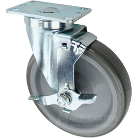 Grey polyurethane on light grey polyolefin core wheel swivel brake plate caster. Floor protective, safe to roll on hardwood, tile & other finished floors. 