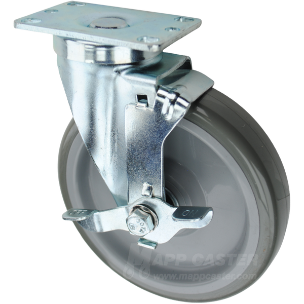 Grey polyurethane on light grey polyolefin core wheel swivel brake plate caster. Floor protective, safe to roll on hardwood, tile & other finished floors. 