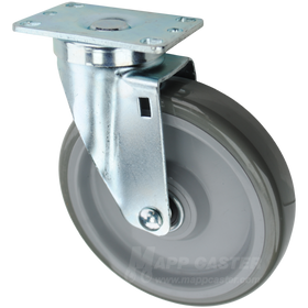 Grey polyurethane on light grey polyolefin core wheel swivel plate caster. Floor protective, safe to roll on hardwood, tile & other finished floors. 