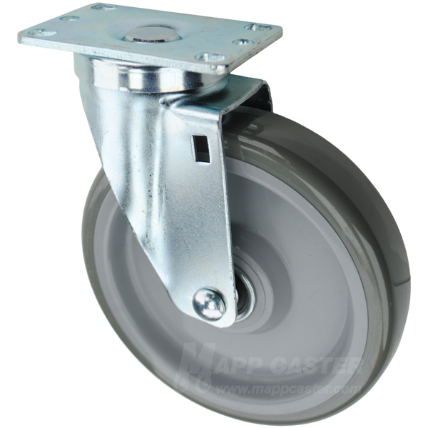 Grey polyurethane on light grey polyolefin core wheel swivel plate caster. Floor protective, safe to roll on hardwood, tile & other finished floors. 