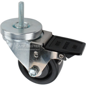 Caster wheel with face contact brake, a 3 inch black plastic wheel and 1-1/2 inch metal threaded stem
