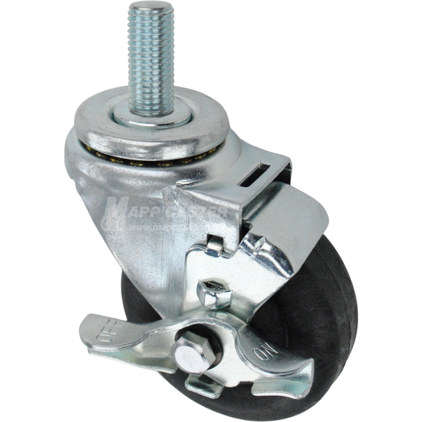 Swivel caster with a top lock brake, a 3.5 inch black nylon wheel and 20mm wide threaded metal stem