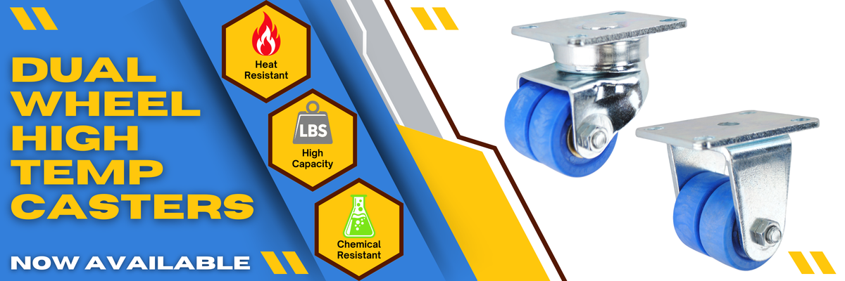 Two industrial dual wheel casters with blue wheels and silver metal plates, shown on a blue and yellow promotional background with text highlighting heat resistance, high capacity, and chemical resistance.
