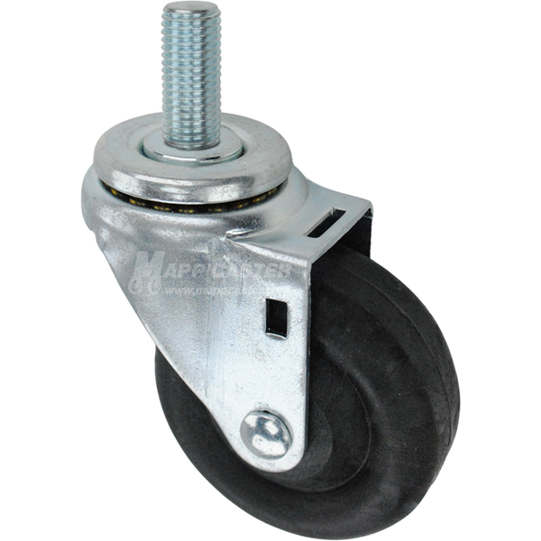 Swivel caster with a 3.5 inch black nylon wheel and 20mm wide threaded metal stem