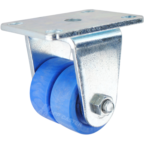 Blue Glass Filled Nylon dual wheel rigid caster with high temperature rating. Low profile & high capacities equipped with ball Bearings