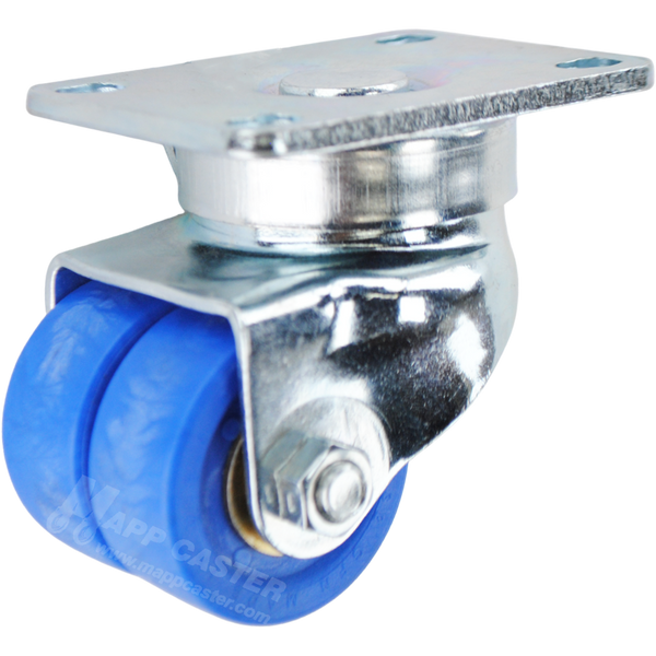 Blue Glass Filled Nylon dual wheel swivel caster with high temperature rating. Low profile & high capacities equipped with ball Bearings