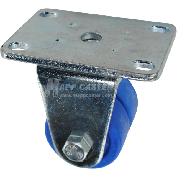 Glass Filled Nylon dual wheel rigid caster in blue with high temperature rating. Low profile & high capacities equipped with ball Bearings