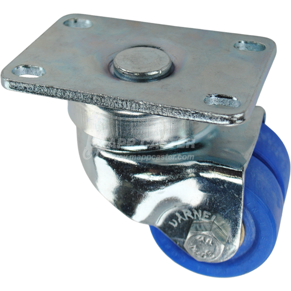 Glass Filled Nylon dual wheel swivel caster in blue with high temperature rating. Low profile & high capacities equipped with ball Bearings