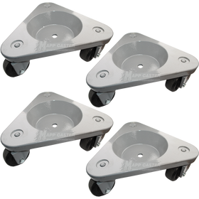 Set of Four USA Made Large Frame Tri-Wheel Dolly (Round Base) with 3" Hard Rubber Wheels - 630 Lbs Capacity Each (2,520 Lbs Together)