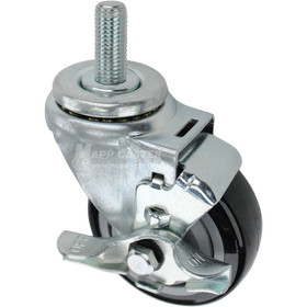 Swivel caster with a top lock brake, a 3.5 inch black polyurethane wheel and 16mm wide threaded metal stem