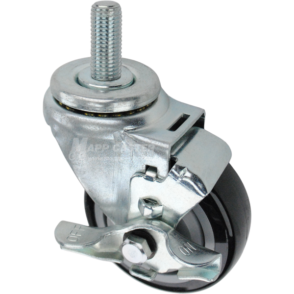 Swivel caster with a top lock brake, a 3.5 inch black polyurethane wheel and 16mm wide threaded metal stem