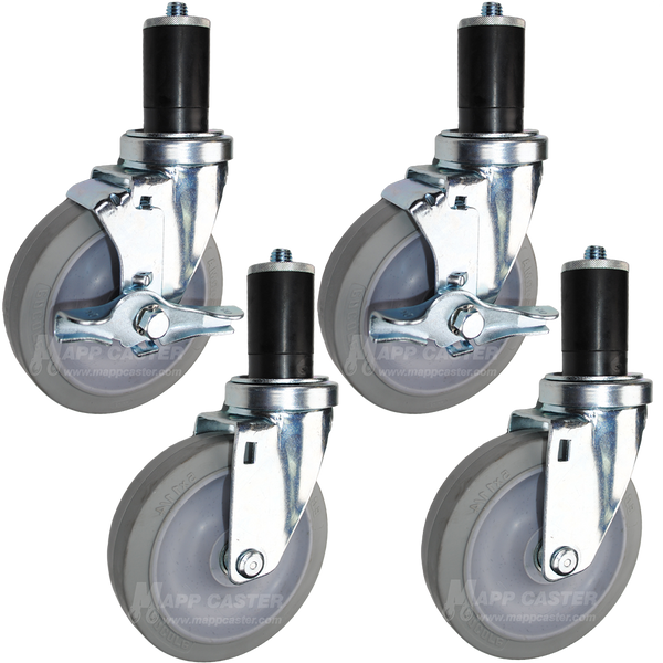 5" Grey Rubber Food Prep Table Casters, NSF Certified, Premium Floor Safe Wheels, Cleaning Chemical Resistant - Set of 4 (2 Brakes)
