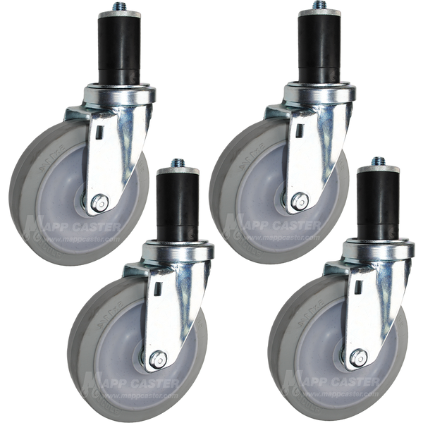 5" Grey Rubber Food Prep Table Casters, NSF Certified, Premium Floor Safe Wheels, Cleaning Chemical Resistant, Set of 4 - 350 Lbs Capacity