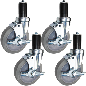 5" Grey Rubber Food Prep Table Casters, NSF Certified, Premium Floor Safe Wheels, Cleaning Chemical Resistant - Set of 4 (All Brakes)