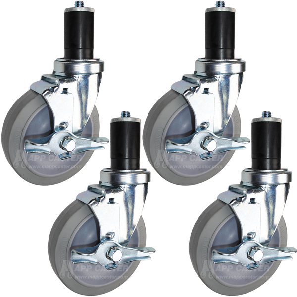 5" Grey Rubber Food Prep Table Casters, NSF Certified, Premium Floor Safe Wheels, Cleaning Chemical Resistant - Set of 4 (All Brakes)