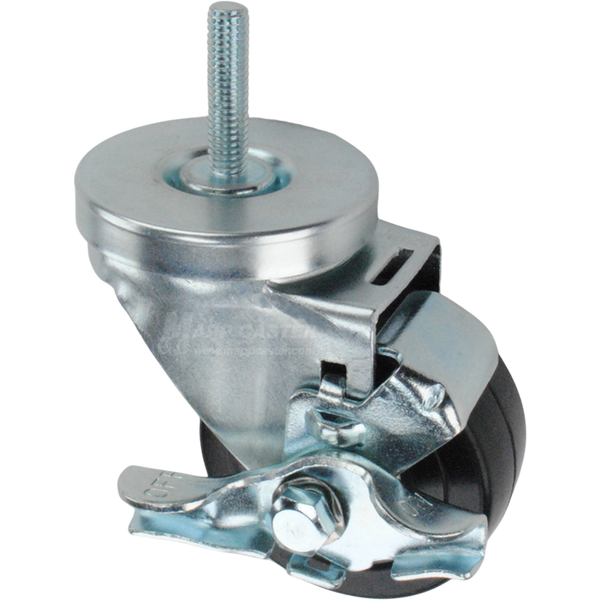 Caster wheel with a black rubber tire brake and threaded stem