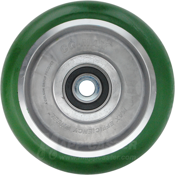 6" x 2" side view of the  GC Max Green & Silver Polyurethane on Aluminum Core Wheel, heavy duty precision ball bearings, NSF Certified