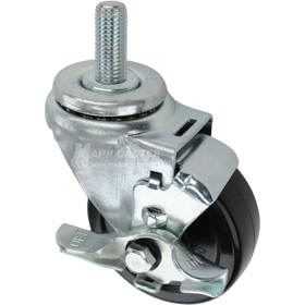 Swivel caster with top lock brake, a 3.5 inch black soft rubber wheel and 16mm wide threaded metal stem